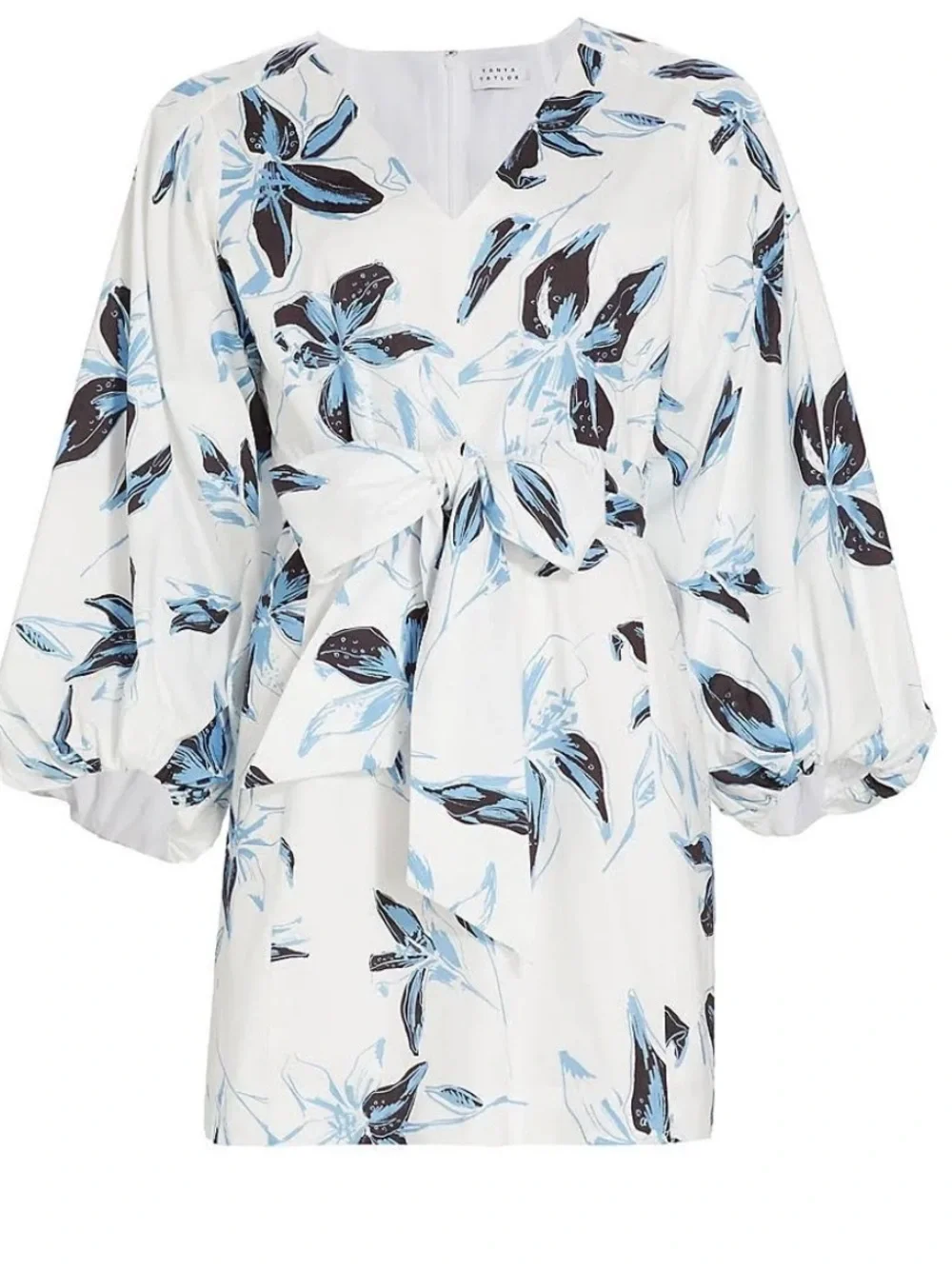TANYA TAYLOR Loretta Floral Cotton Blend Poplin Mini Dress White Blue Size 2
